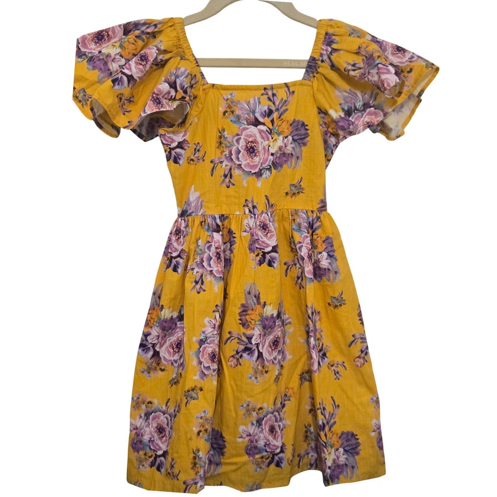 Next Girls Yellow Floral Puff Sleeve Cutout Back Cotton Dress Size 5 Years